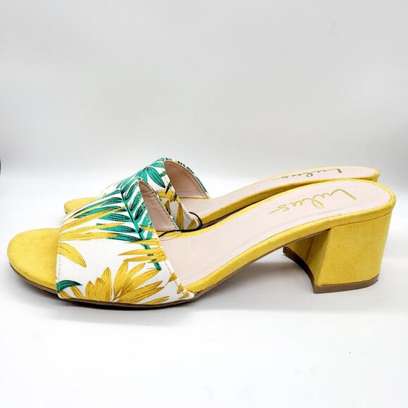 Lulus Jax Yellow Multi Print Vegan Suede Mules Sz 6.5 - Picture 3 of 11